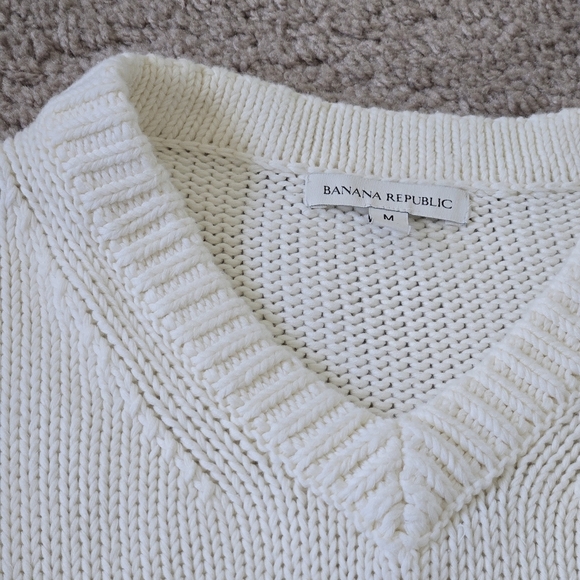 Banana Republic White Chunky Knit Boxy Oversized Cotton V Neck Sweater Medium - Picture 9 of 16